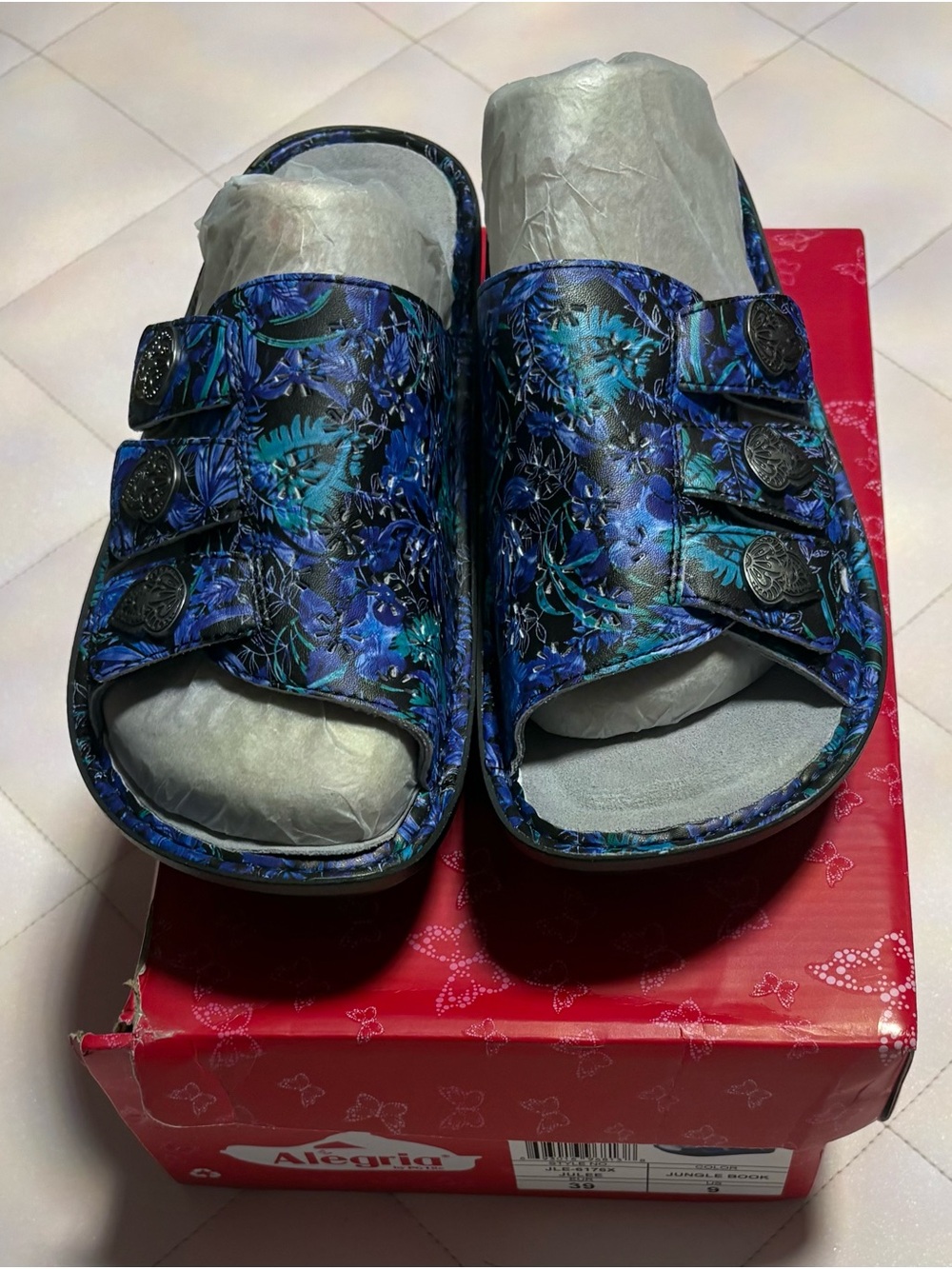 🦋 Alegria Fiona Triple Strap Slide Sandals Blue Floral 🦋 Size 9